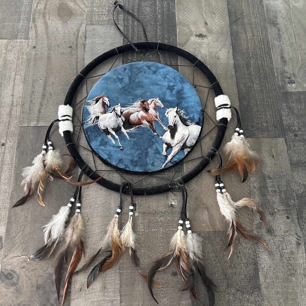 Dreamcatcher With Feathers Wall Art beautiful Horses running wild blue backgroun